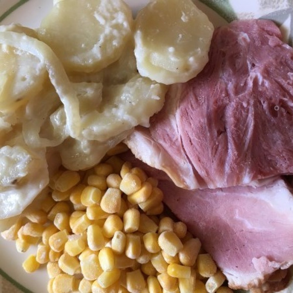 Smoked Ham and Scallop Potatoes with corn