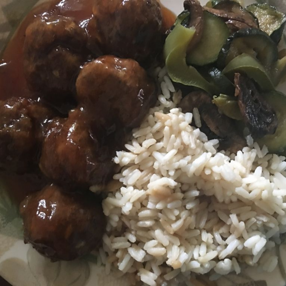 Honey Garlic Meatballs with rice and vegetable melody - Single Serving - Frozen